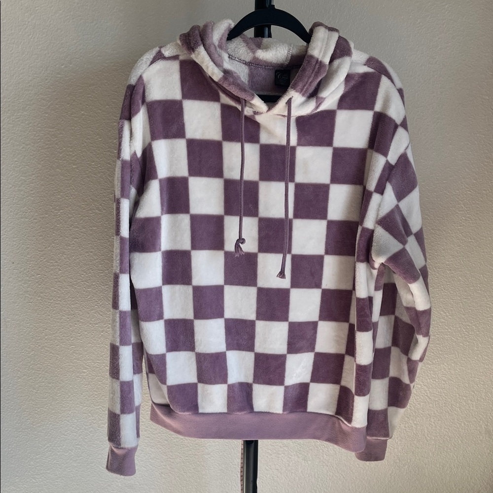 Cold Crush Purple and White Checkered Cowl Neck Sweater